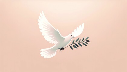 White dove with olive branch on pastel pink background. Vector illustration.
