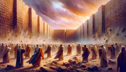 The Battle of Jericho. The walls of Jericho collapsing as the Israelites march around them. Vector illustration - obrazy, fototapety, plakaty