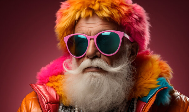 Studio shot of fashionable senior man in colorful winter outfit with sunglasses and hat