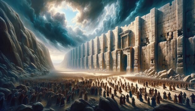 The Battle of Jericho. The walls of Jericho collapsing as the Israelites march around them. Vector illustration