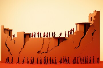 The Battle of Jericho. The walls of Jericho collapsing as the Israelites march around them. Vector illustration

