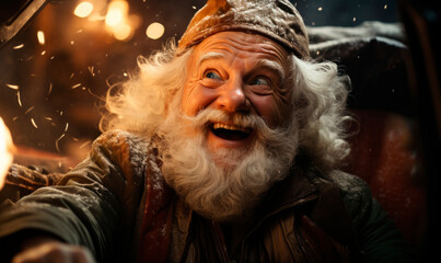 Santa claus delivers christmas gifts in a snowy night