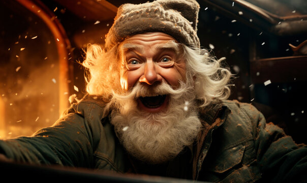 Expressive alternative Santa Claus near fireplace celebrating christmas