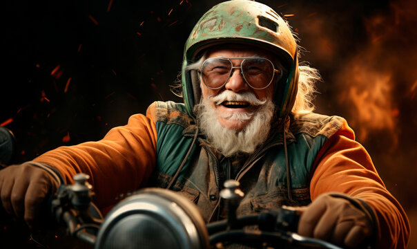 Expressive alternative Santa Claus riding motorcycle celebrating christmas