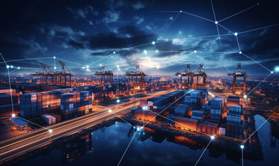 A large port with container cargo distribution, smart logistics and the future of shipping on a global network. digital Ai