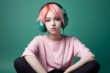 Colorful studio portrait of a cool teenager girl with age specific outfit and accessories. Bold, vibrant and minimalist. Generative AI