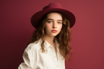 Colorful studio portrait of a cool teenager girl with age specific outfit and accessories. Bold, vibrant and minimalist. Generative AI