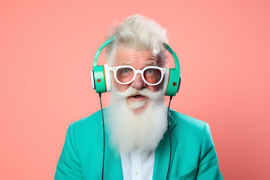 Colorful studio portrait of an old man using modern day technology and gadgets. Bold, vibrant and minimalist. Generative AI