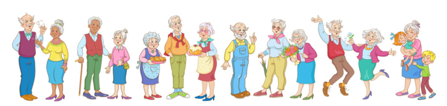 Group of happy elderly people. Men and women of different nationalities. Various poses, attitudes and emotions. In cartoon style. Isolated on white background. Vector illustration