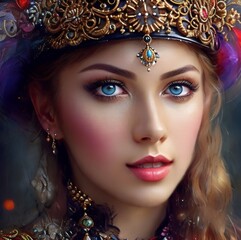 Fototapeta premium Elegant Woman with Blue Eyes and Shiny Jewelry