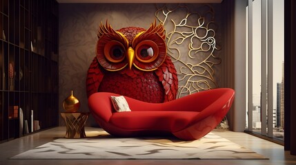 luxury and futuristic living room design with realistic owl wall decoration