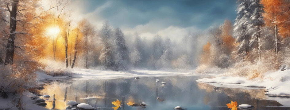 Watercolor paintings winter landscape. Generative AI.