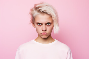 portrait of angry girl on pink background - obrazy, fototapety, plakaty