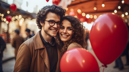 Festejo de San Valentín: Pareja rodeada de corazones y globos