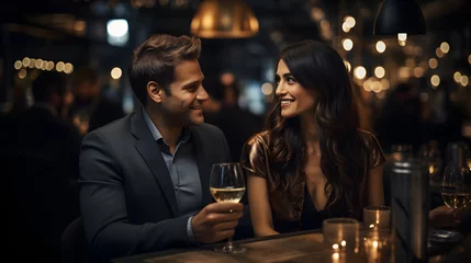 Fototapeten Amor en cada detalle: Cena romántica para dos restaurante pareja brindando con champaña y luces brillantes © ClicksdeMexico