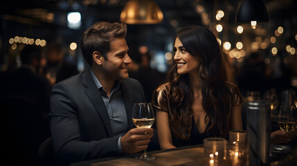 Amor en cada detalle: Cena romántica para dos restaurante pareja brindando con champaña y luces brillantes - obrazy, fototapety, plakaty