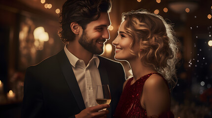 Amor en cada detalle: Cena romántica para dos restaurante pareja brindando con champaña y luces brillantes