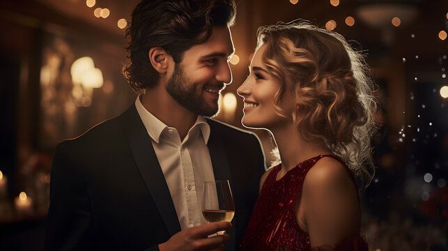 Amor en cada detalle: Cena rom&aacute;ntica para dos restaurante pareja brindando con champa&ntilde;a y luces brillantes