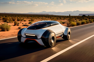 Self-driving car: futuristic concept of driverless vehicle gliding on a desert road 