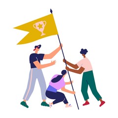 Teamwork, goal achievement, flag as a symbol of success and heights. 