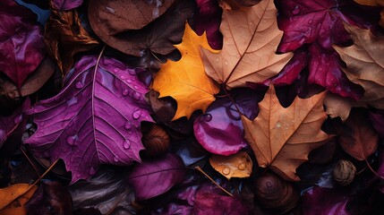 Autumn leaves lying on the ground with drops of water. Dark yellow, brown and magenta colors.