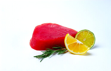 fresh red tuna fillet, for steak, raw, top view, no people, on a white background,