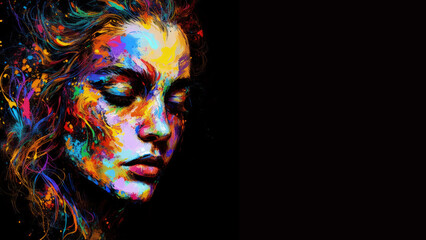 Vibrant Painted Portrait of a Young Beautiful Woman On Black Background.Watercolor, Oil painting, face paint