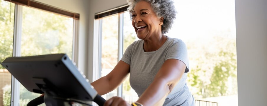 Cropped picture of a middle aged black woman during workout on a smart exercise bike at home. She smiling and looking at camera. A scientific approach to training for maximum performance.