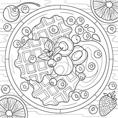 Food coloring page, belgian waffles with fruits dessert. Tasty sweet breakfast idea with apricot, plum, cherry, citrus, blueberry, strawberry