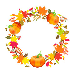 Naklejka na ściany i meble Thanksgiving wreath, pumpkin background. Fall frame design template with colorful autumn leaves and pumpkins. Vector illustration