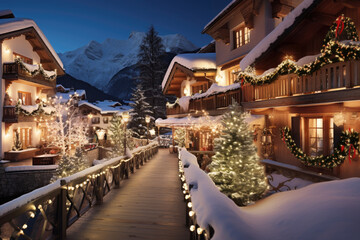 Obraz premium Festively decorated streets of the mountain resort on Christmas evening.