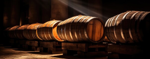 wooden barrels in a wine cellar Generative AI