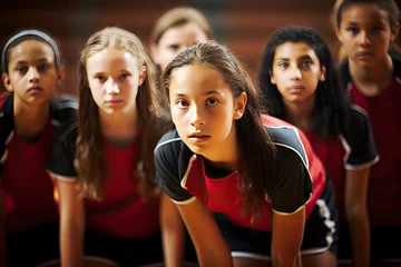 Foto op Plexiglas Group of young athletes in red and black sportswear, focused and ready for competition. Team sports and determination. © Postproduction