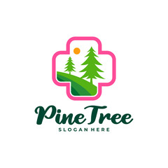 Pine Tree with Health Plus logo design vector. Creative Pine Tree logo concepts template