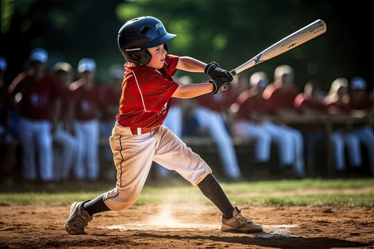 Boy in red and white baseball uniform swinging bat with intensity. Youth baseball match.