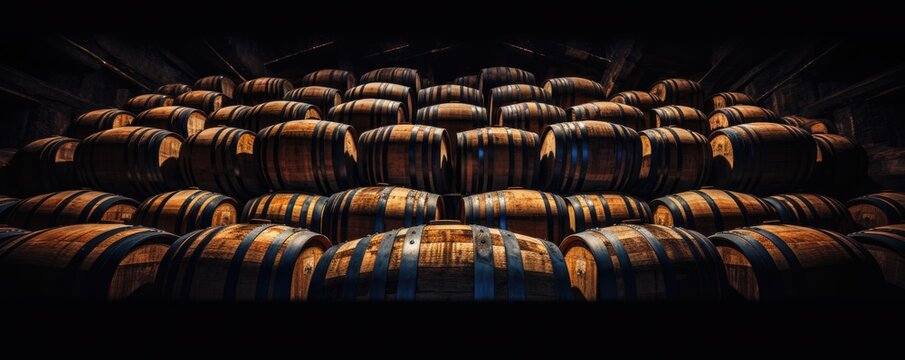 Barrels Of Wine Lying Down One Behind The Other In A Wine Cellar Generative AI