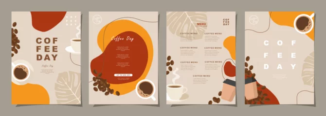 Fotobehang Set of sketch banners with coffee beans and leaves on minimal background for invitations, cards, banner, poster, cover, cafe menu or another template design. vector illustration. © Udomdech
