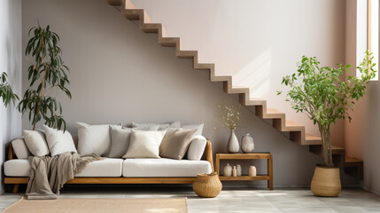 A minimalist staircase mockup with geometric shapes in a modern home