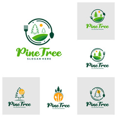 Set of Pine Tree with Food logo design vector. Creative Pine Tree logo concepts template