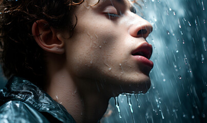 Young man outdoors in city stret on rainy day with raindrops on his face in winter