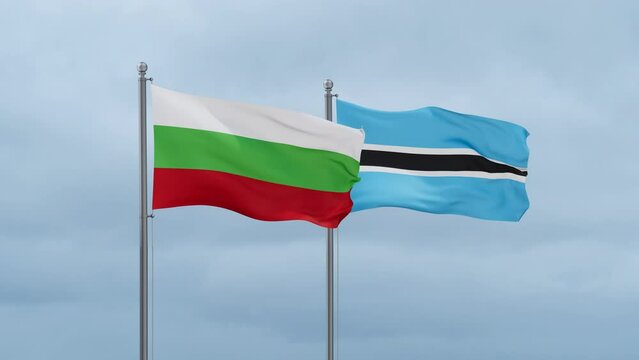 Botswana flag and Bulgaria flag waving together on cloudy sky, endless seamless loop, two country relations concept
