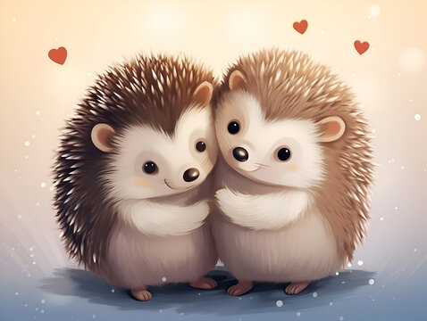 Romantic hedgehogs in love. Illustration of two lovely hedgehogs hugging on light background. Hugging animals. Love banner. Notebook or diary cover or postcard template. National hug day concept