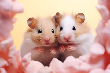Hamsters. Two funny ginger hamsters peek out from a torn pink background. Hugging animals. Notebook cover or post card or greeting card template. Cute animals hug day. National hug day concept