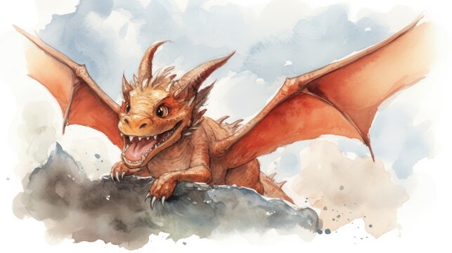 A dragon with no background. Watercolor illustration.