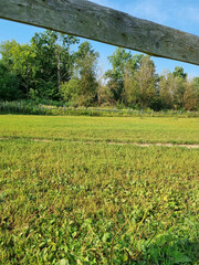 Obraz premium Rural idyll. Corral for horses. Wooden fence in the village.