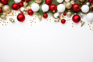 Christmas and New Year colorful balls and stars lying on white flat lay background.
