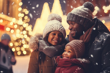 African american father, mother and child having god time on traditional Christmas market on winter evening in town decorated with lights