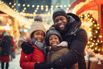 African american father and children having god time on traditional Christmas market on winter...