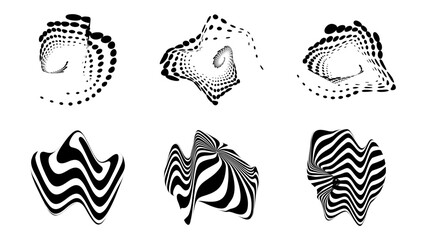 Set of abstract aesthetic y2k black deformed 3d isolated shapes. Vector flat illustration for social networks or posters on on transparent background.