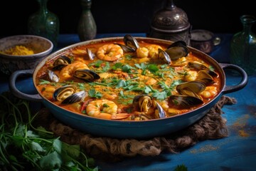 Tunisian Culinary Delight: Seafood Tagine with Saffron-Infused Broth - An Exotic Dish Bursting with Fragrant Flavors from the Heart of Mediterranean Cuisine.

